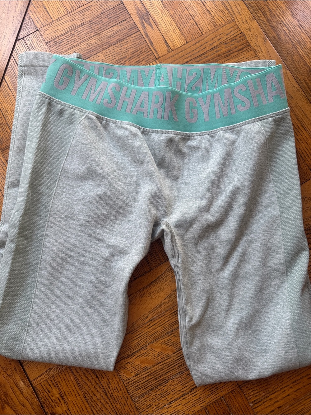 Gymshark Light Gray Leggings with Mint Logo Waistband